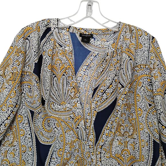 Ann Taylor Peasant Blouse Size Small Blue & Gold Paisley Giant Print Long Sleeve - Picture 4 of 5